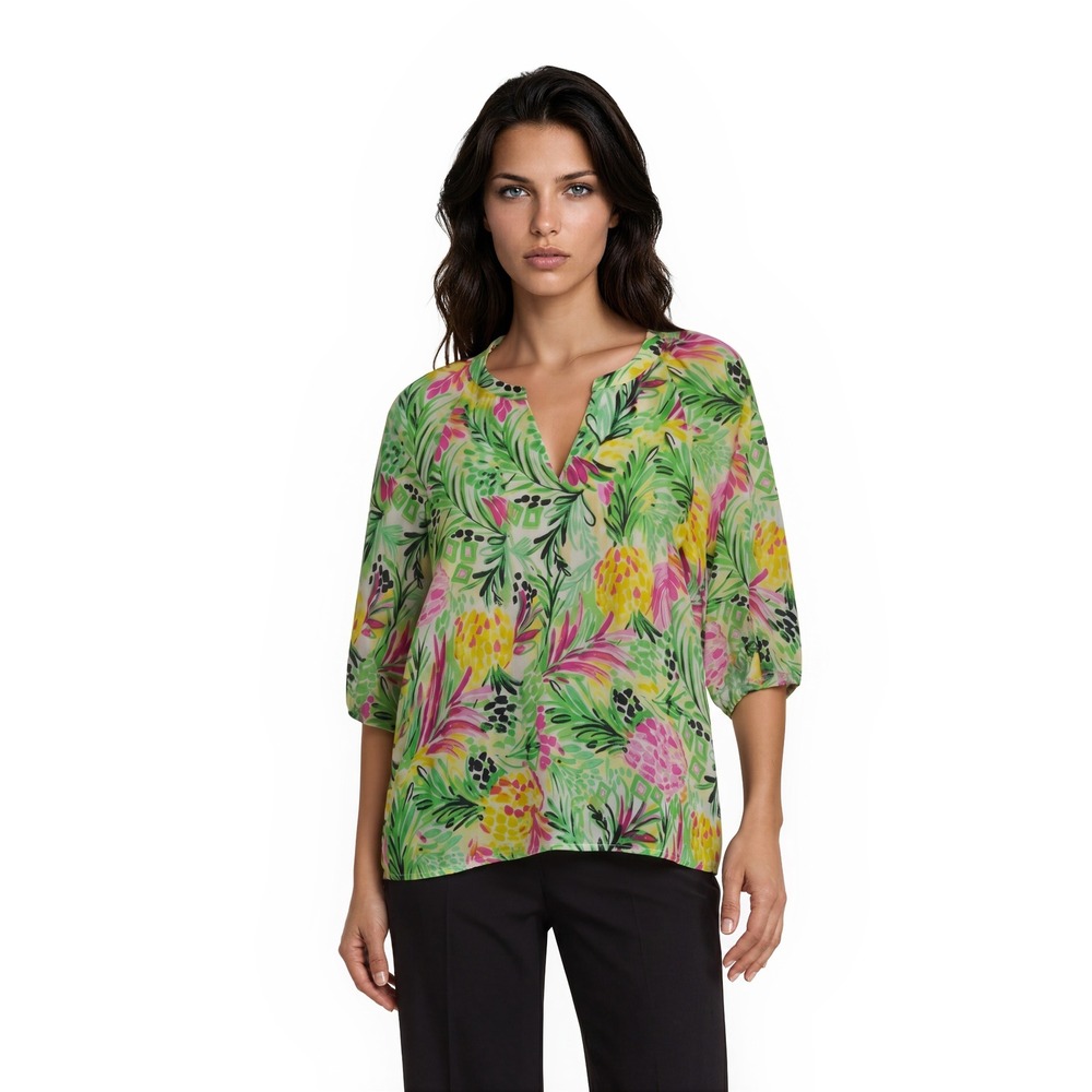 Pappagallo Pineapple Blouse Top Women's Size Large Green Multicolor Tie Sleeves